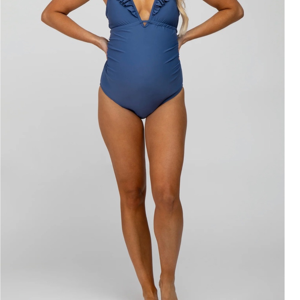 Pink Blush Maternity Periwinkle Ruffle Tie One Piece Swimsuit